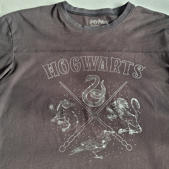 Harry Potter Hogwarts Black Short Sleeve Tee Striped Sleeved Large - Picture 2 of 10